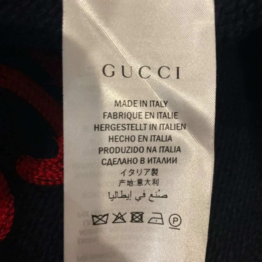 Gucci Navy Crewneck Sweater with Red Logo and Animal Patch